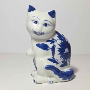 Porcelain Cat Figurine Blue Flowers